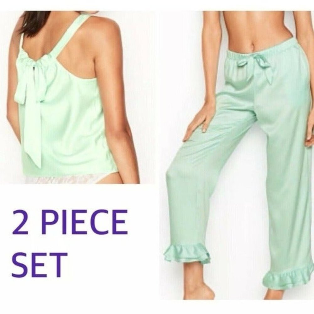 2 PC SET Ruffle Satin Pant-M, Bow Back Top-L,